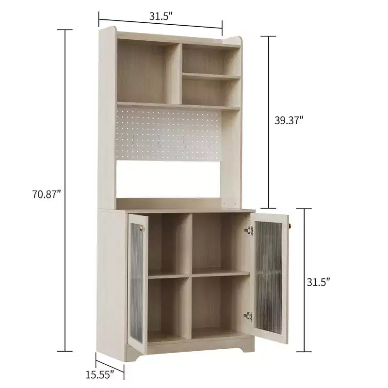 Dispensa Alta 71" con 2 Ante in Vetro, Mobile Contenitore Autoportante per Cucina con Ripiani Regolabili, Credenza Stile Rustico per Sala da Pranzo