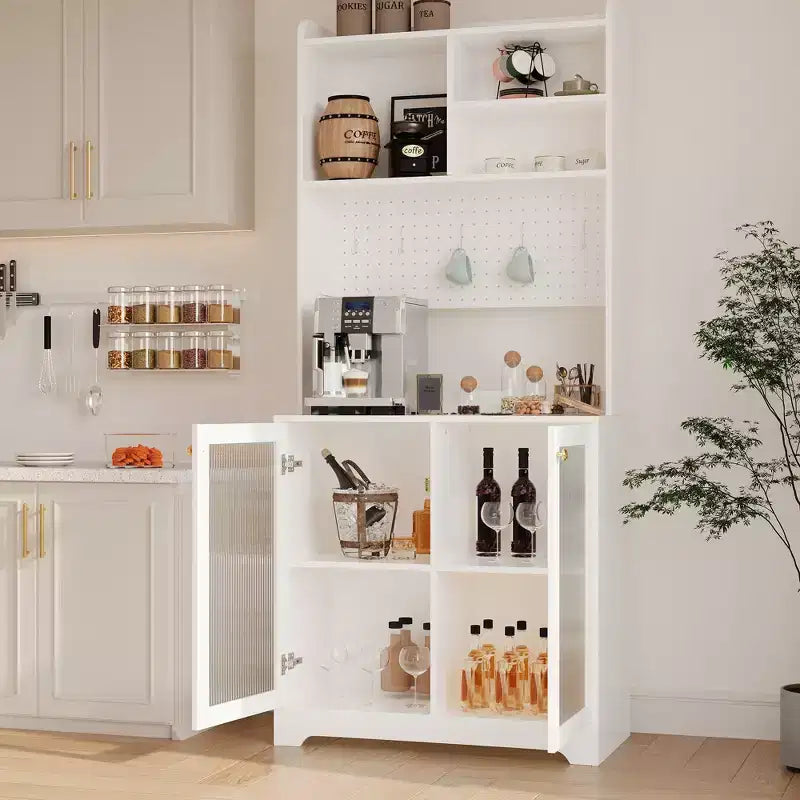 Dispensa Alta 71" con 2 Ante in Vetro, Mobile Contenitore Autoportante per Cucina con Ripiani Regolabili, Credenza Stile Rustico per Sala da Pranzo