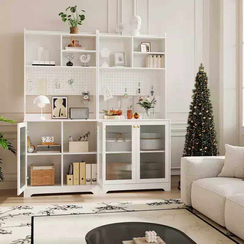 Dispensa Alta 71" con 2 Ante in Vetro, Mobile Contenitore Autoportante per Cucina con Ripiani Regolabili, Credenza Stile Rustico per Sala da Pranzo