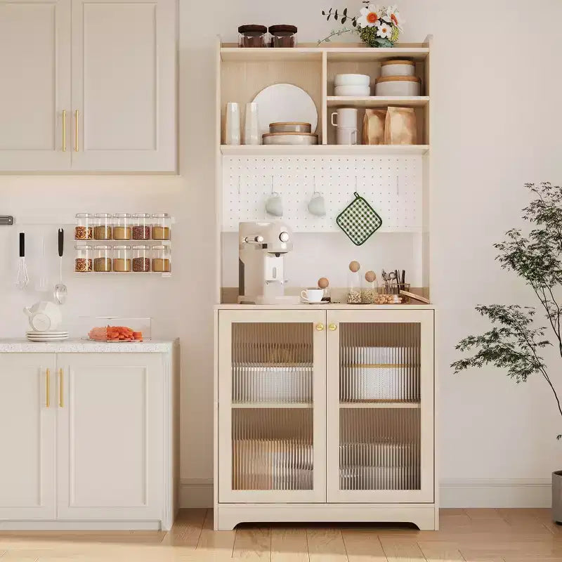 Dispensa Alta 71" con 2 Ante in Vetro, Mobile Contenitore Autoportante per Cucina con Ripiani Regolabili, Credenza Stile Rustico per Sala da Pranzo