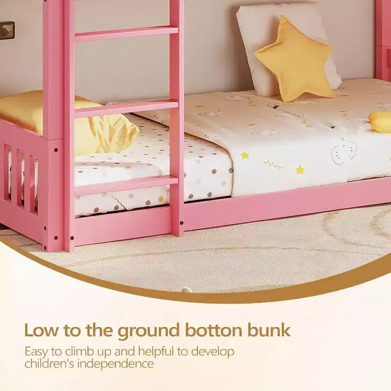JOYMOR Letto a castello basso Twin Over Twin per bambini/ragazzi, struttura letto a castello Twin in legno con ringhiere di protezione e scaletta per bambini e bambine, materasso non incluso