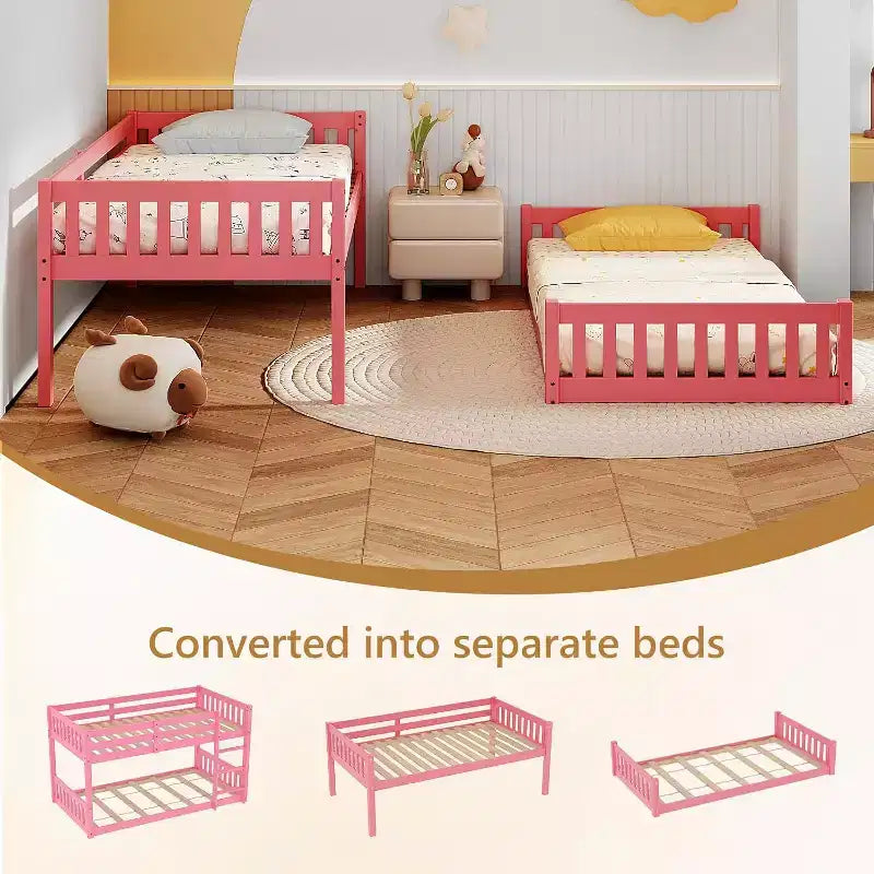 JOYMOR Letto a castello basso Twin Over Twin per bambini/ragazzi, struttura letto a castello Twin in legno con ringhiere di protezione e scaletta per bambini e bambine, materasso non incluso