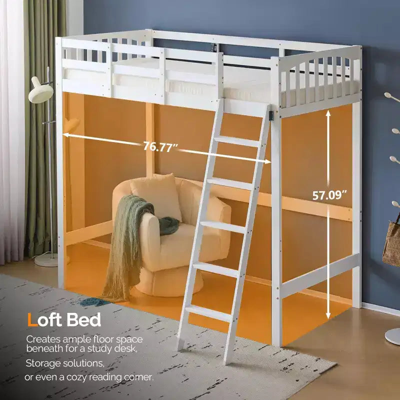 Letto a soppalco VINGLI in legno massello con stazione di ricarica USB/LED, letto in legno massello con pioli piatti, sponda di protezione alta 15 pollici, nessuna necessità di rete a molle, bianco