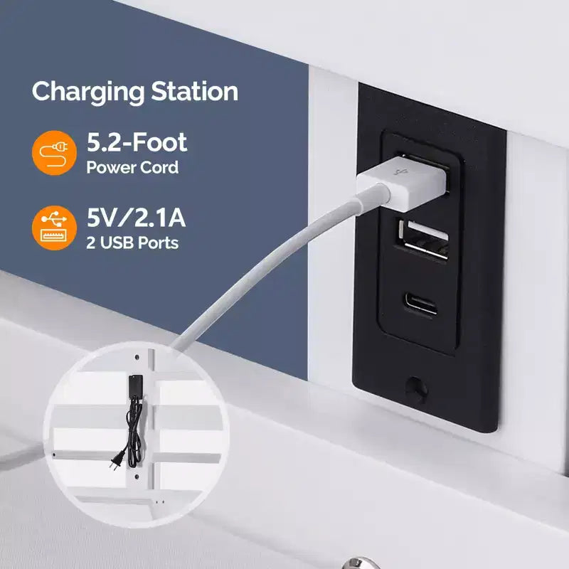 Letto a soppalco VINGLI in legno massello con stazione di ricarica USB/LED, letto in legno massello con pioli piatti, sponda di protezione alta 15 pollici, nessuna necessità di rete a molle, bianco