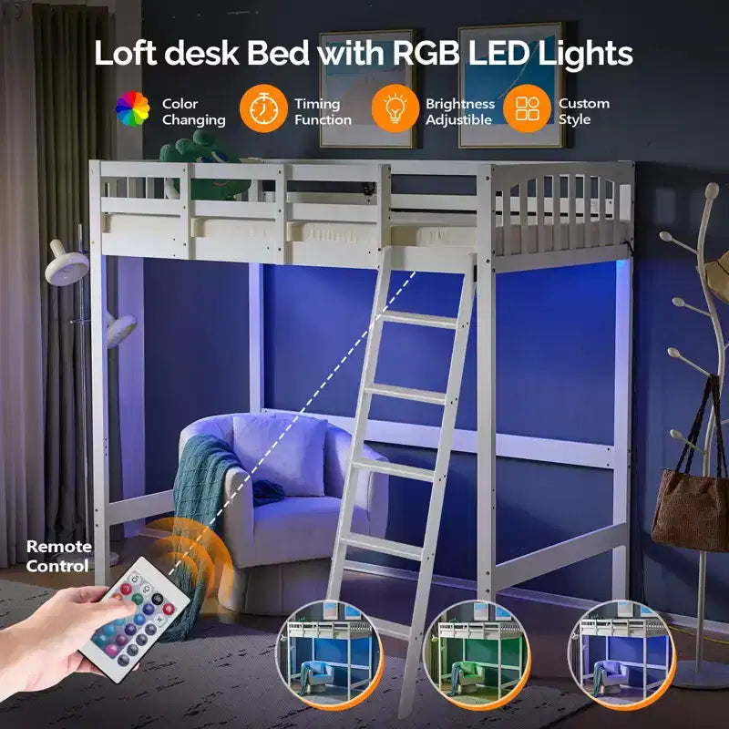 Letto a soppalco VINGLI in legno massello con stazione di ricarica USB/LED, letto in legno massello con pioli piatti, sponda di protezione alta 15 pollici, nessuna necessità di rete a molle, bianco