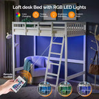 Letto a soppalco VINGLI in legno massello con stazione di ricarica USB/LED, letto in legno massello con pioli piatti, sponda di protezione alta 15 pollici, nessuna necessità di rete a molle, bianco