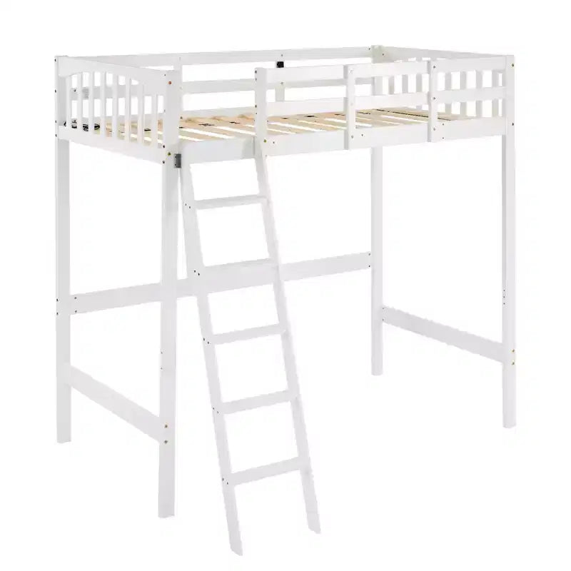 Letto a soppalco VINGLI in legno massello con stazione di ricarica USB/LED, letto in legno massello con pioli piatti, sponda di protezione alta 15 pollici, nessuna necessità di rete a molle, bianco