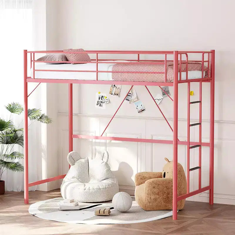 VINGLI Letto a soppalco singolo con pioli piatti per adulti, bambini e ragazzi, nessuna rete a molle richiesta, supporti a doghe in metallo resistente, rosa