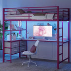 VINGLI Full Metal Loft Bed with Desk,15 Inches Guardrail,Non-Slip Ladder,2 Charging Stations,4 Drawers/Storage Shelves/LED,No Box Spring Needed,Pink