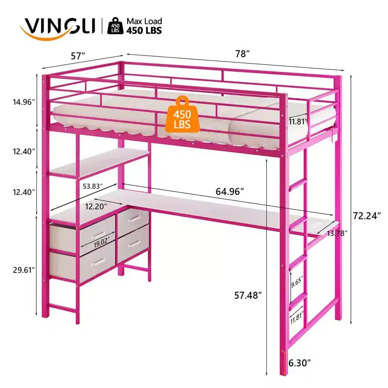 VINGLI Letto a soppalco interamente in metallo con scrivania, sponda di protezione da 15 pollici, scala antiscivolo, 2 stazioni di ricarica, 4 cassetti/ripiani portaoggetti/LED, nessuna molla necessaria, rosa