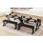 Set da pranzo CuisinSmart con panca e piano in legno, tavolo da cucina con panca per 4 persone con struttura in metallo e design a X, per bar, casa, ufficio, nero