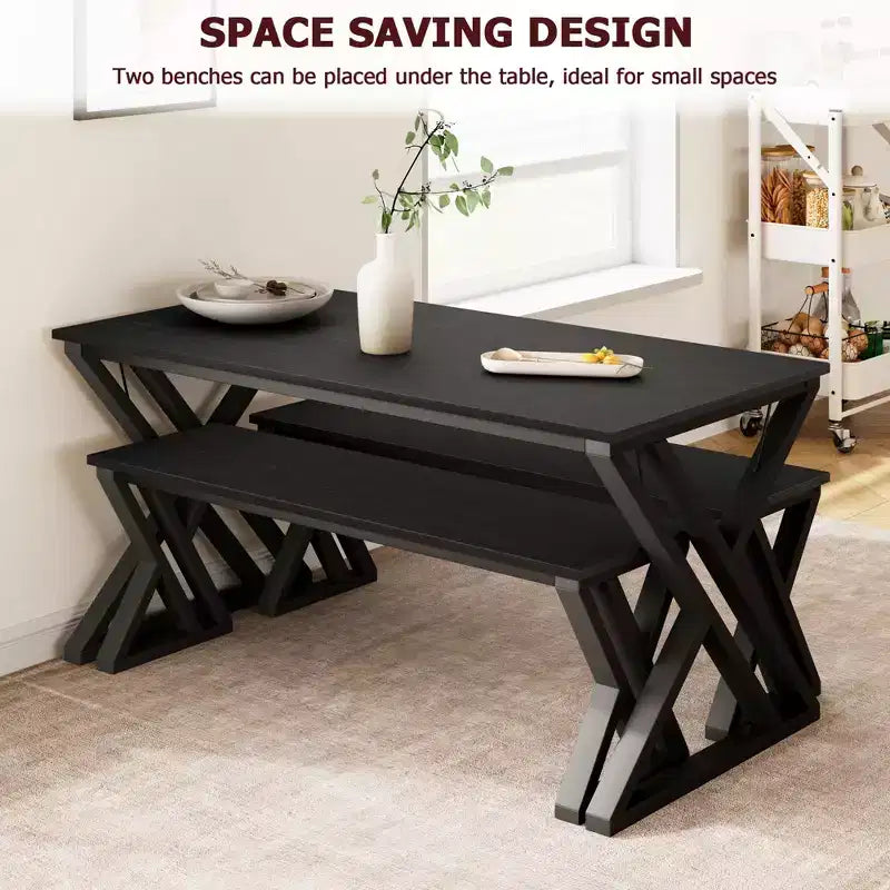 Set da pranzo CuisinSmart con panca e piano in legno, tavolo da cucina con panca per 4 persone con struttura in metallo e design a X, per bar, casa, ufficio, nero