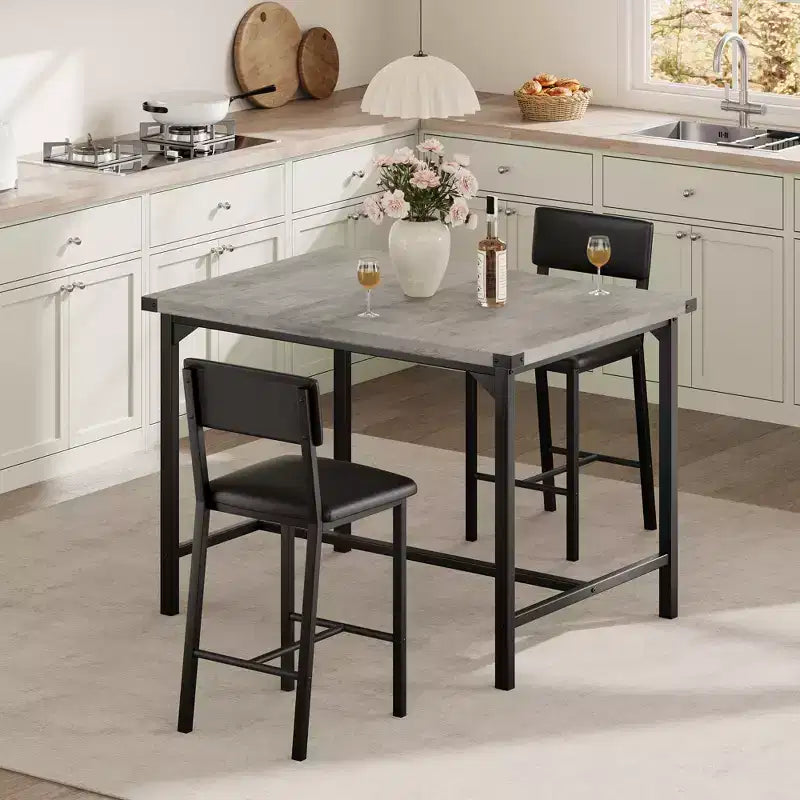 Set da tavolo da pranzo CuisinSmart per 2, set da tavolo da cucina con poggiapiedi e schienale, tavolo altezza bancone con 2 sgabelli da bar imbottiti