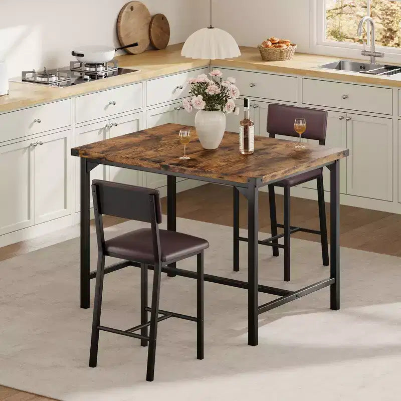 Set da tavolo da pranzo CuisinSmart per 2, set da tavolo da cucina con poggiapiedi e schienale, tavolo altezza bancone con 2 sgabelli da bar imbottiti