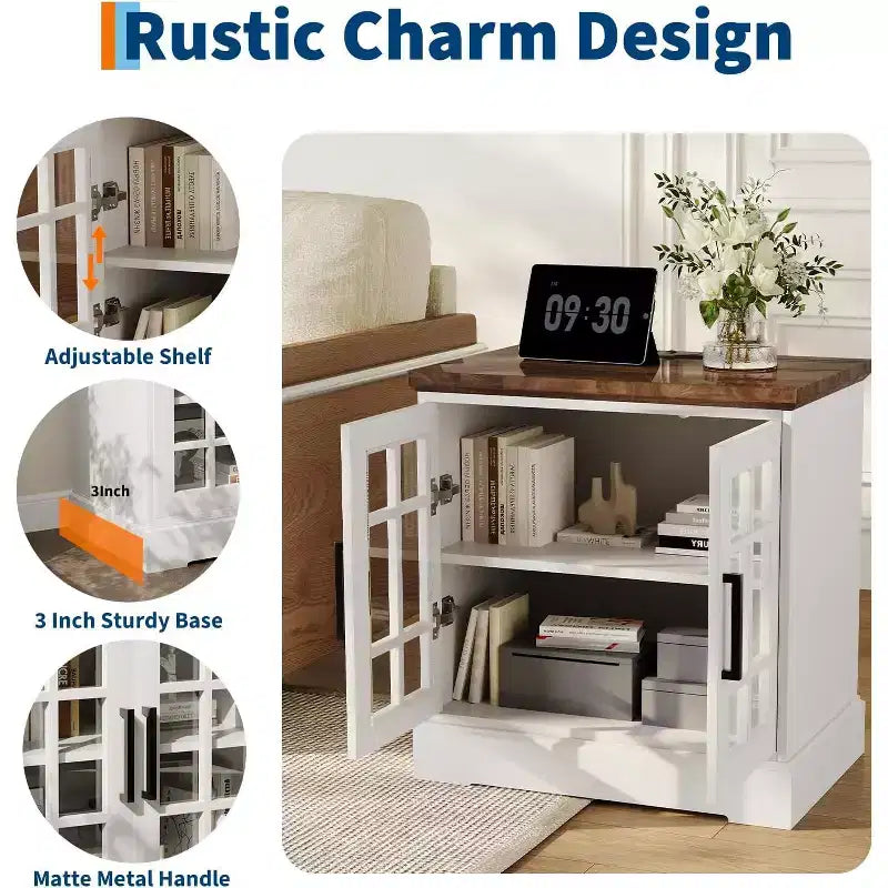 Comodino da 61 cm con stazione di ricarica, ante in vetro temperato e ripiani regolabili, comodino in legno stile rustico