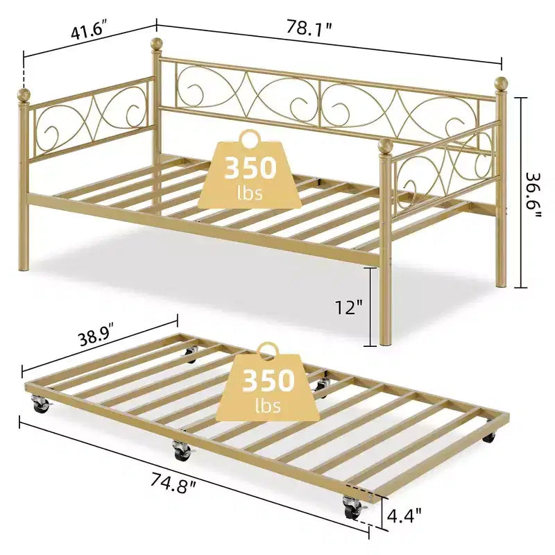 Divano letto con rotelle, letto singolo in metallo con testiera floreale, struttura moderna in metallo con rotelle estraibili, doghe in acciaio resistente