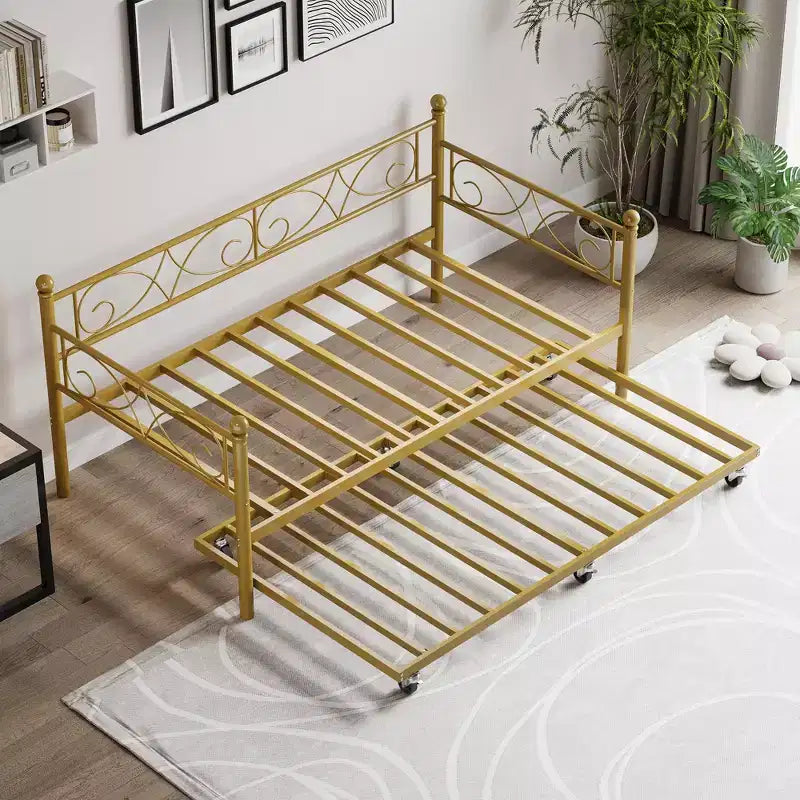 Divano letto con rotelle, letto singolo in metallo con testiera floreale, struttura moderna in metallo con rotelle estraibili, doghe in acciaio resistente
