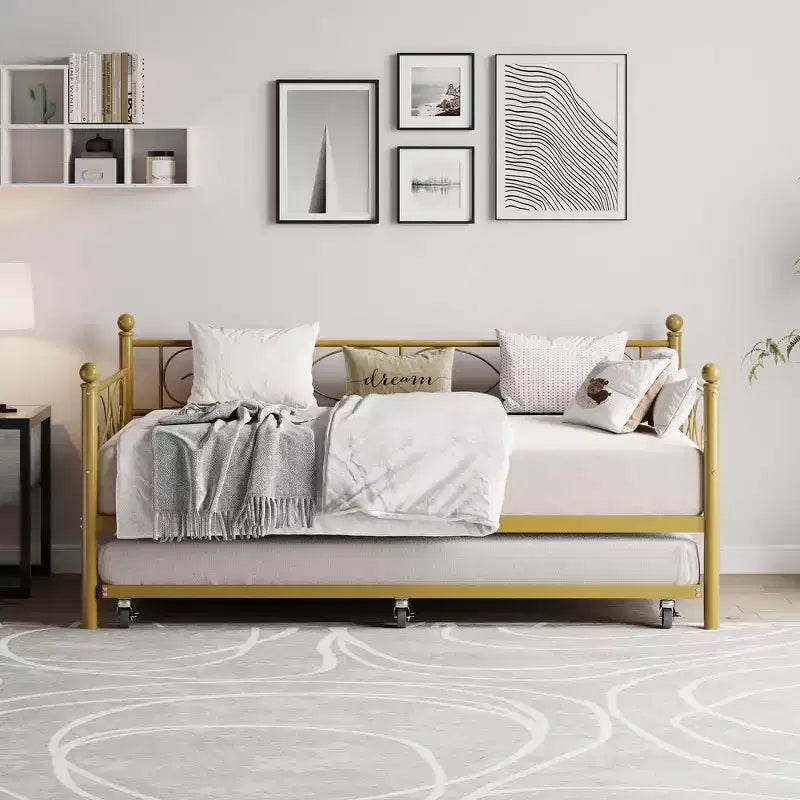 Divano letto con rotelle, letto singolo in metallo con testiera floreale, struttura moderna in metallo con rotelle estraibili, doghe in acciaio resistente