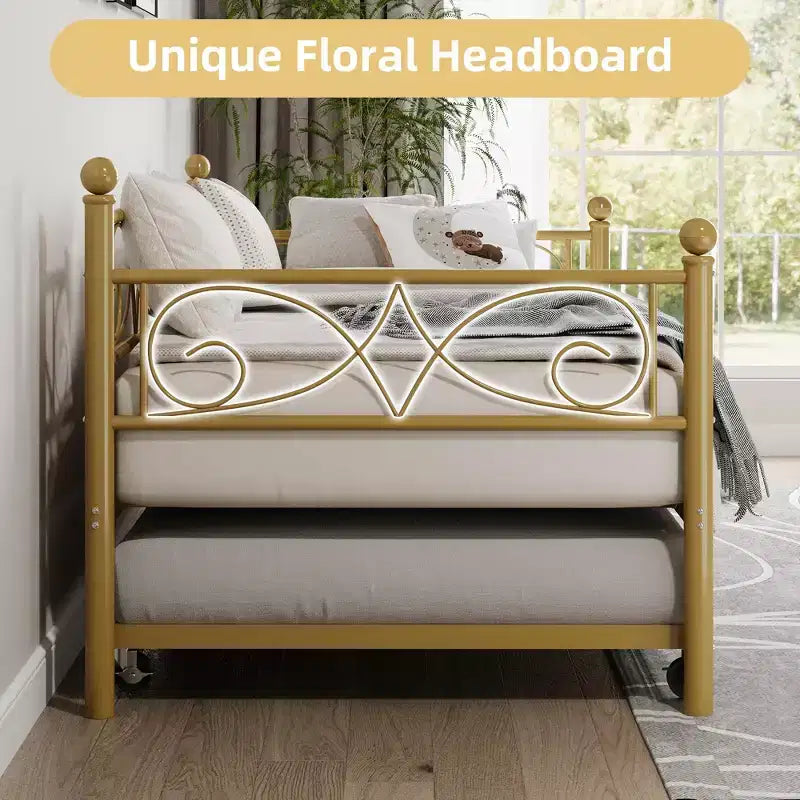 Divano letto con rotelle, letto singolo in metallo con testiera floreale, struttura moderna in metallo con rotelle estraibili, doghe in acciaio resistente