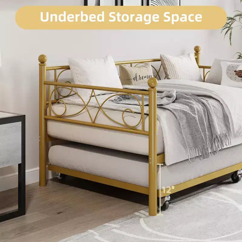 Divano letto con rotelle, letto singolo in metallo con testiera floreale, struttura moderna in metallo con rotelle estraibili, doghe in acciaio resistente