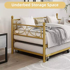 Divano letto con rotelle, letto singolo in metallo con testiera floreale, struttura moderna in metallo con rotelle estraibili, doghe in acciaio resistente