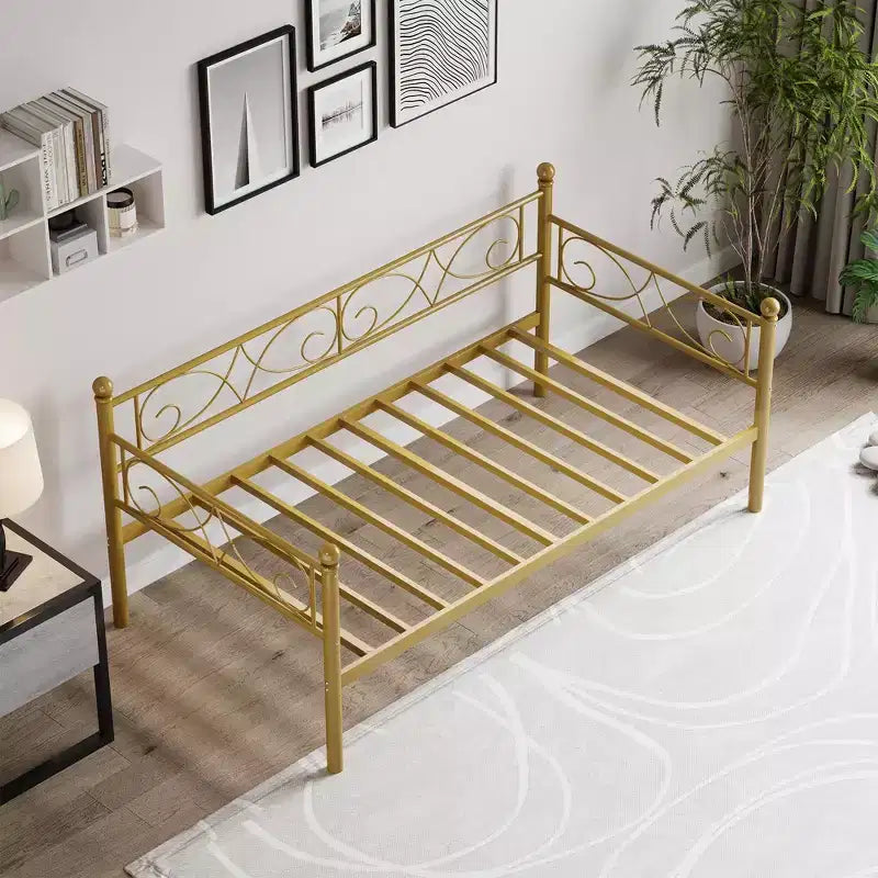 Divano letto con rotelle, letto singolo in metallo con testiera floreale, struttura moderna in metallo con rotelle estraibili, doghe in acciaio resistente