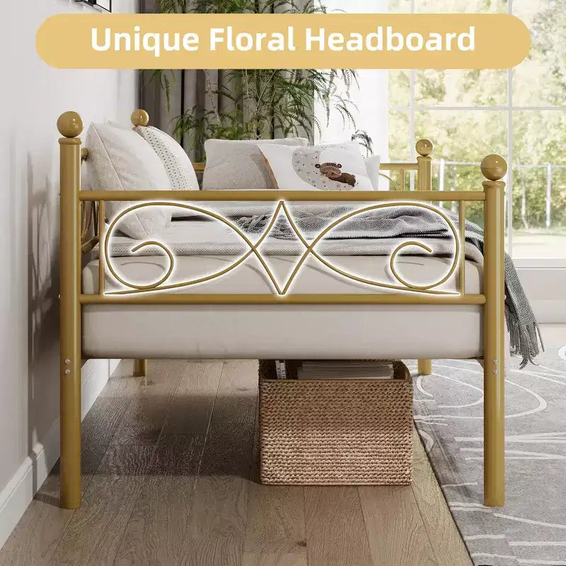 Divano letto con rotelle, letto singolo in metallo con testiera floreale, struttura moderna in metallo con rotelle estraibili, doghe in acciaio resistente
