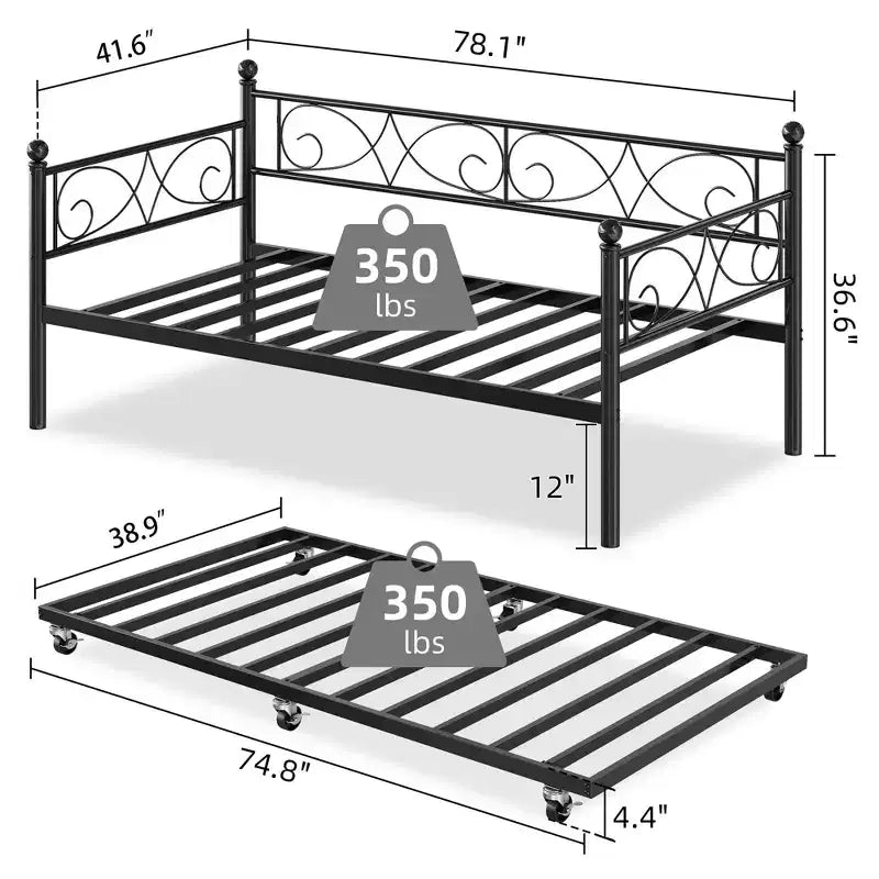 Divano letto con rotelle, letto singolo in metallo con testiera floreale, struttura moderna in metallo con rotelle estraibili, doghe in acciaio resistente