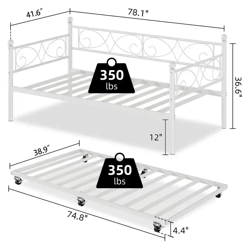 Divano letto con rotelle, letto singolo in metallo con testiera floreale, struttura moderna in metallo con rotelle estraibili, doghe in acciaio resistente