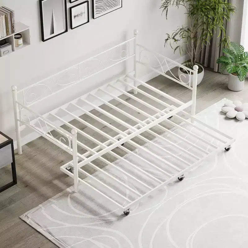 Divano letto con rotelle, letto singolo in metallo con testiera floreale, struttura moderna in metallo con rotelle estraibili, doghe in acciaio resistente