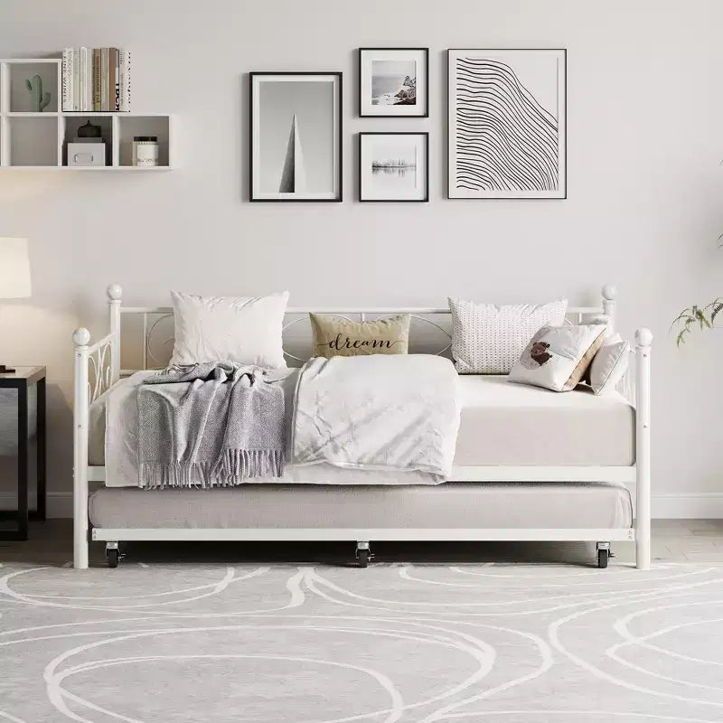 Divano letto con rotelle, letto singolo in metallo con testiera floreale, struttura moderna in metallo con rotelle estraibili, doghe in acciaio resistente
