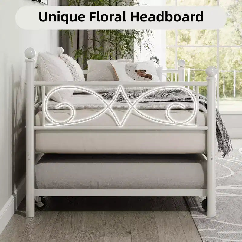 Divano letto con rotelle, letto singolo in metallo con testiera floreale, struttura moderna in metallo con rotelle estraibili, doghe in acciaio resistente
