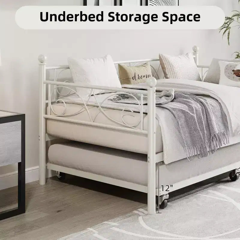 Divano letto con rotelle, letto singolo in metallo con testiera floreale, struttura moderna in metallo con rotelle estraibili, doghe in acciaio resistente