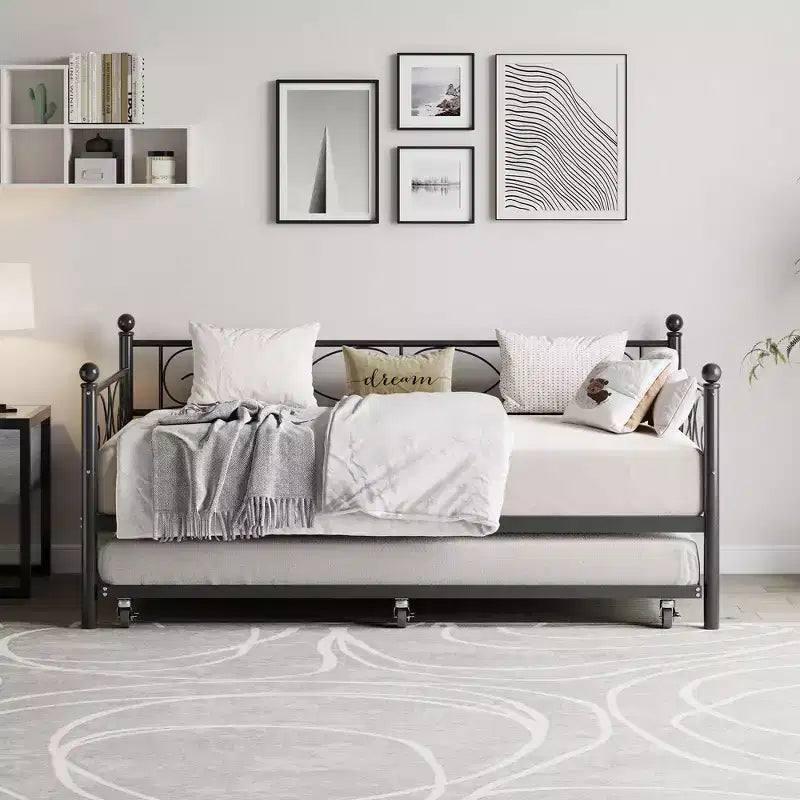Divano letto con rotelle, letto singolo in metallo con testiera floreale, struttura moderna in metallo con rotelle estraibili, doghe in acciaio resistente