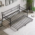 Divano letto con rotelle, letto singolo in metallo con testiera floreale, struttura moderna in metallo con rotelle estraibili, doghe in acciaio resistente