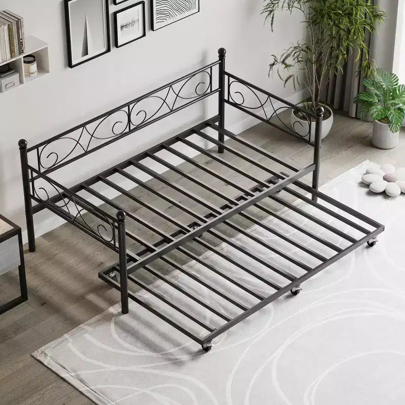 Divano letto con rotelle, letto singolo in metallo con testiera floreale, struttura moderna in metallo con rotelle estraibili, doghe in acciaio resistente
