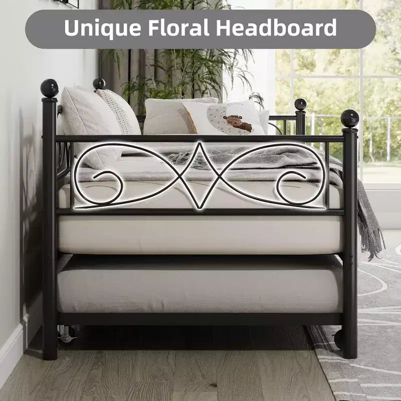 Divano letto con rotelle, letto singolo in metallo con testiera floreale, struttura moderna in metallo con rotelle estraibili, doghe in acciaio resistente
