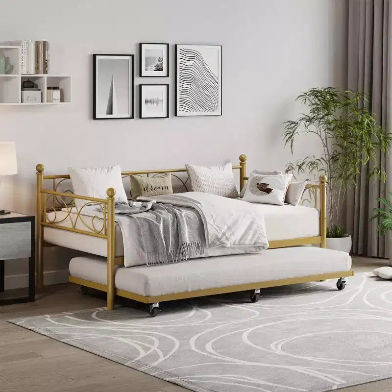 Divano letto con rotelle, letto singolo in metallo con testiera floreale, struttura moderna in metallo con rotelle estraibili, doghe in acciaio resistente