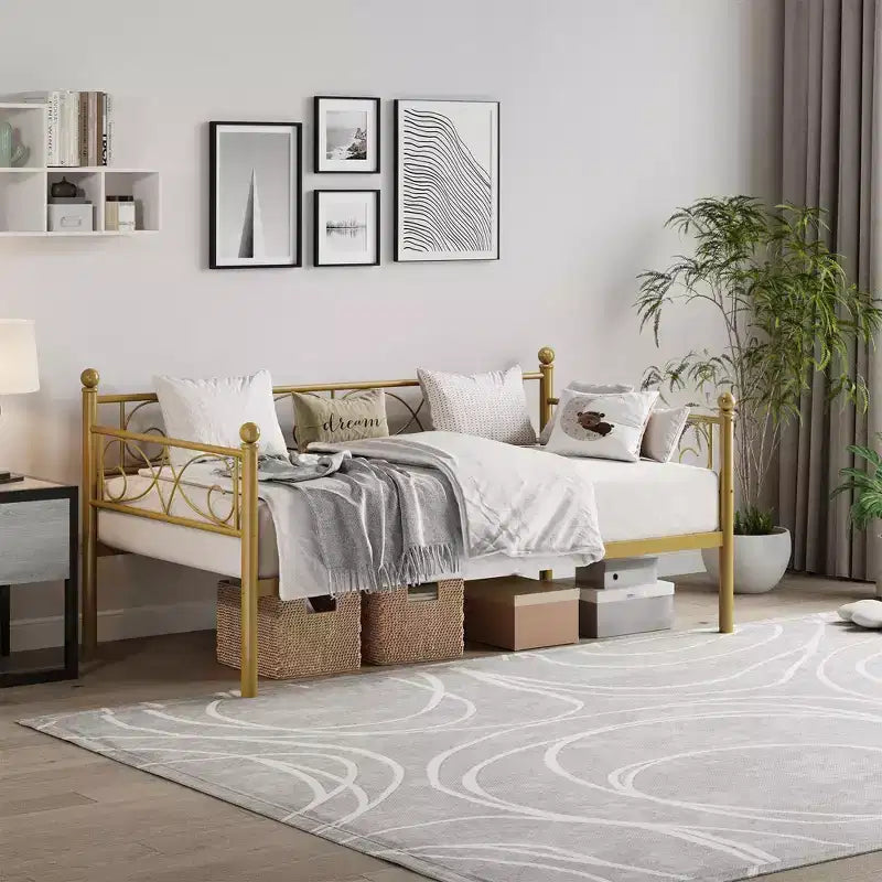 Divano letto con rotelle, letto singolo in metallo con testiera floreale, struttura moderna in metallo con rotelle estraibili, doghe in acciaio resistente