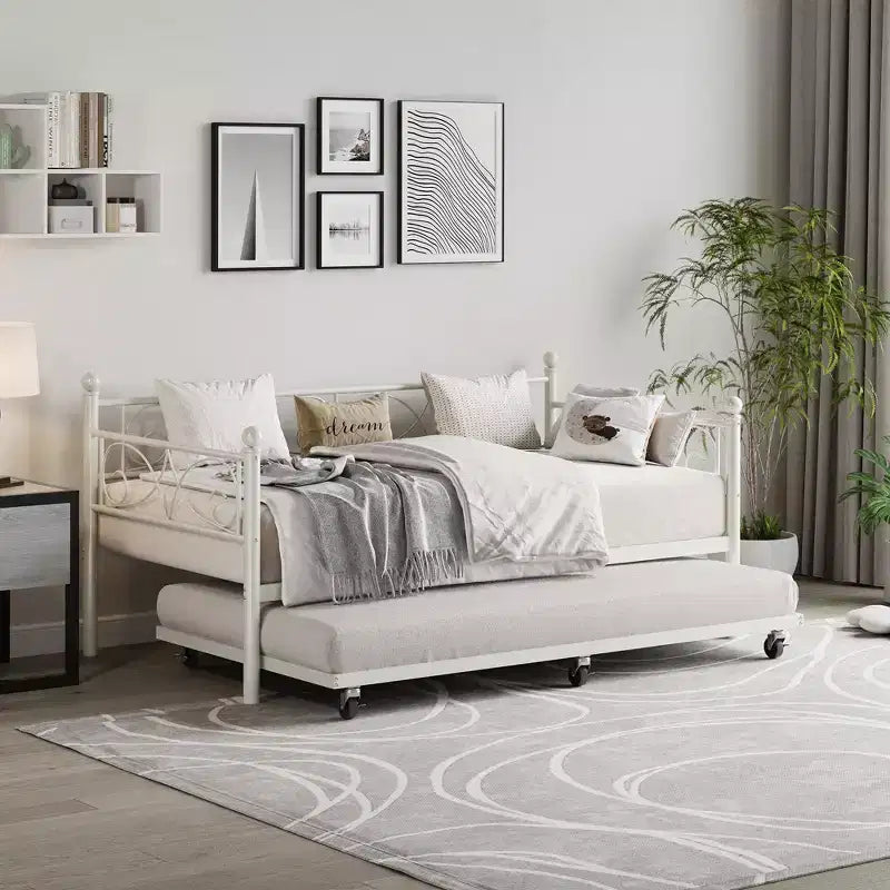 Divano letto con rotelle, letto singolo in metallo con testiera floreale, struttura moderna in metallo con rotelle estraibili, doghe in acciaio resistente
