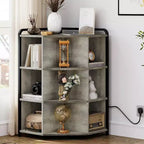 Acekool Corner Cabinet with Charging Station, 3-Tier Triangle Bookcase with USB Ports, Outlets & 9 Cube Organizer for Bedroom, Office, Living Room