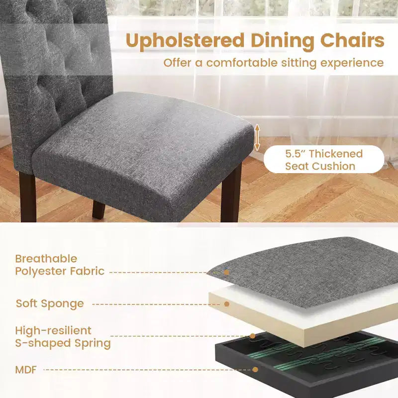 Costway Set di 2 Sedie da Pranzo in Legno con Gambe in Legno di Gomma, Seduta Imbottita e Molle a S, Beige/Grigio da Cucina