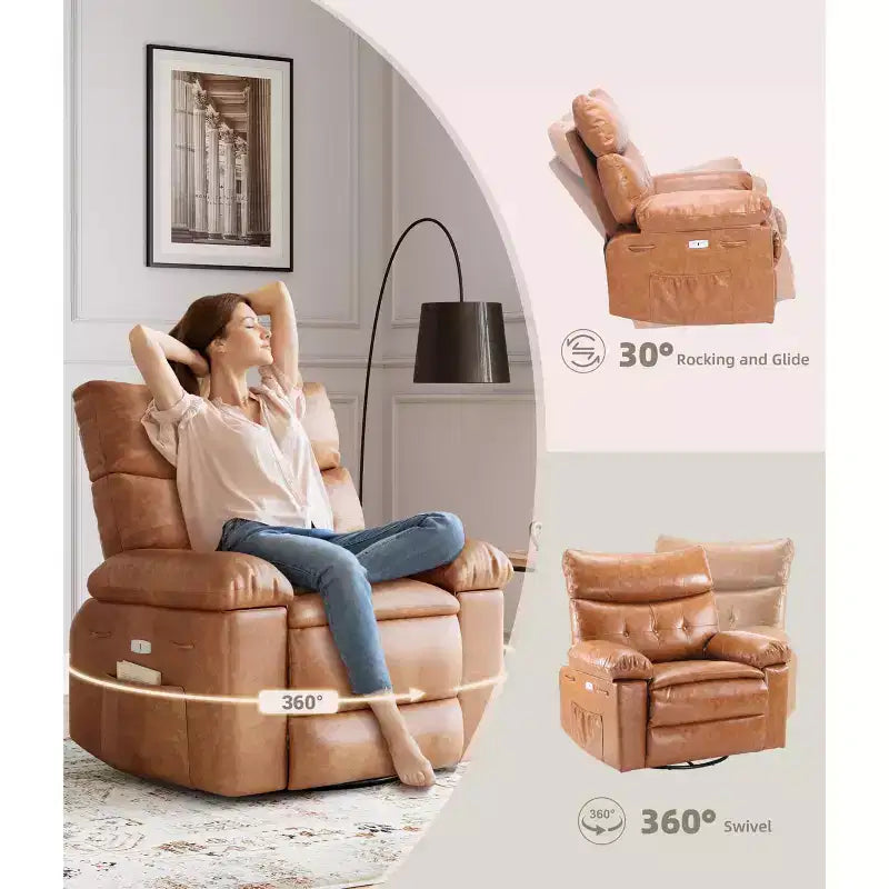 Poltrona reclinabile oversize girevole a 360° a dondolo con calore e massaggio (per soggiorno/camera da letto/cameretta adulti)