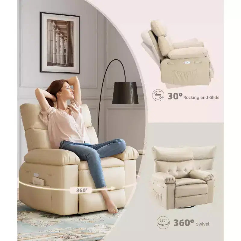 Poltrona reclinabile oversize girevole a 360° a dondolo con calore e massaggio (per soggiorno/camera da letto/cameretta adulti)