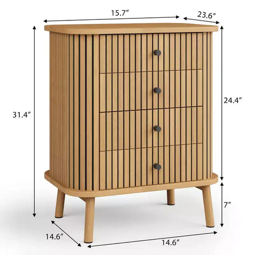Comò a 4 cassetti, cassettiera da camera, mobiletto contenitore, ampio spazio, comò moderno in vimini con maniglie nere opache e gambe in legno
