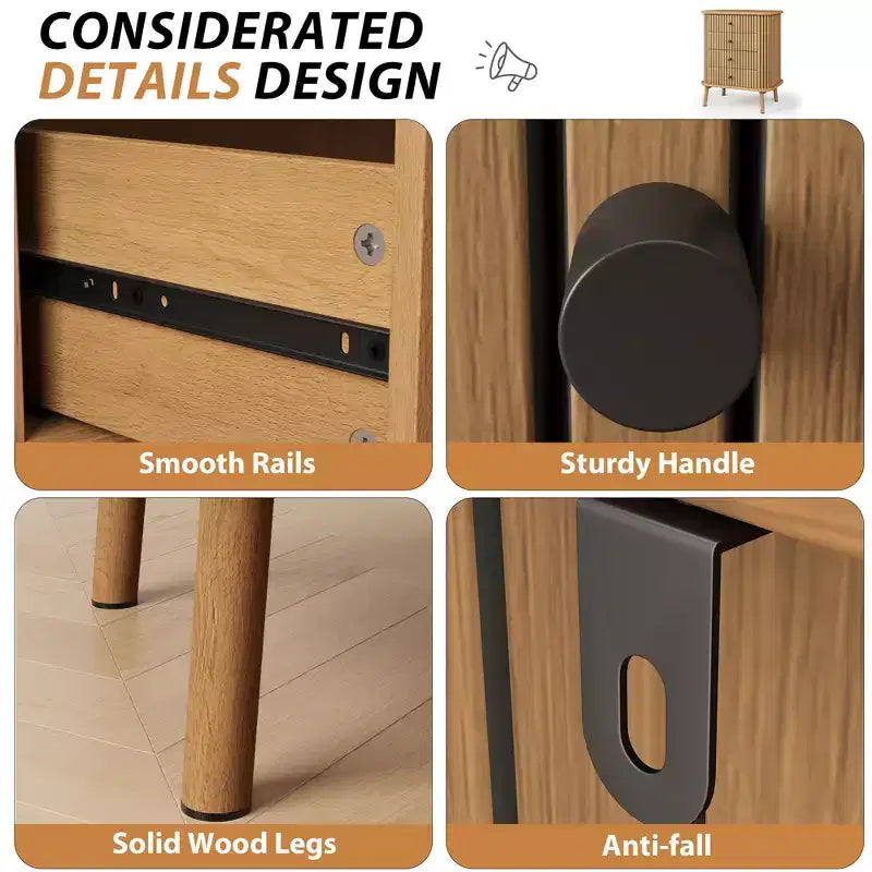 Comò a 4 cassetti, cassettiera da camera, mobiletto contenitore, ampio spazio, comò moderno in vimini con maniglie nere opache e gambe in legno