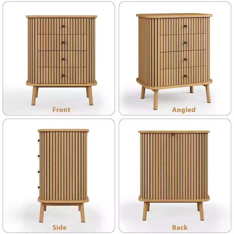 Comò a 4 cassetti, cassettiera da camera, mobiletto contenitore, ampio spazio, comò moderno in vimini con maniglie nere opache e gambe in legno