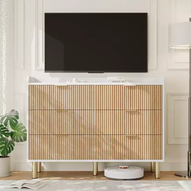 Cassettiera da camera da letto, 47.2 Cassettiera doppia in legno scanalato con maniglie in metallo, design curvo, armadio contenitore ampio, mobile contenitore doppio in legno