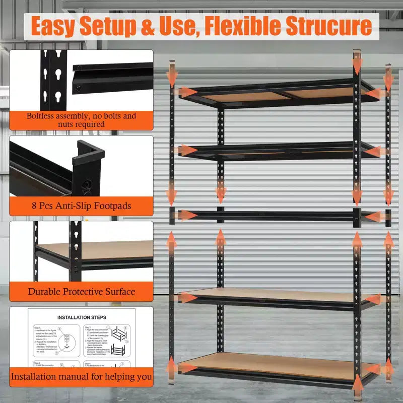 Scaffali da Garage Resistenti, Scaffali di Stoccaggio Regolabili a 5 Livelli, 152x61x183cm, Carico 1360 kg, Scaffalature Regolabili per Garage