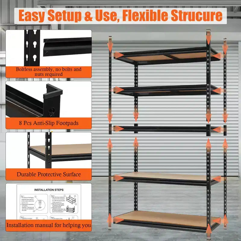 Scaffali da Garage Resistenti, Scaffali di Stoccaggio Regolabili a 5 Livelli, 152x61x183cm, Carico 1360 kg, Scaffalature Regolabili per Garage